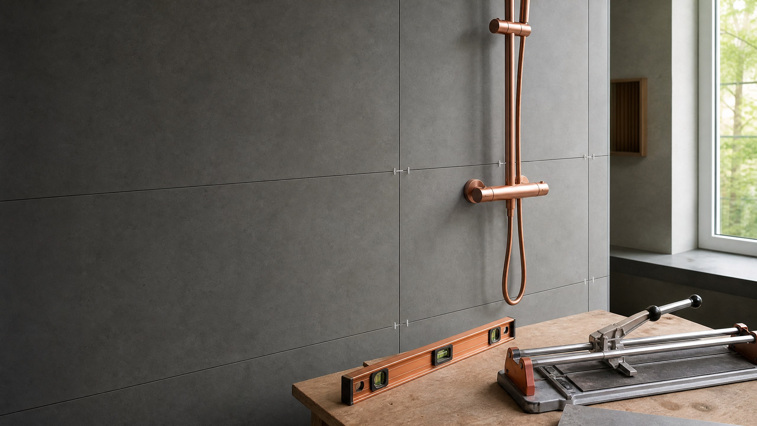 Sfeerbeeld: nieuwe badkamer met betonlook tegels, een inloopdouche met glazen wand en koperen kranen